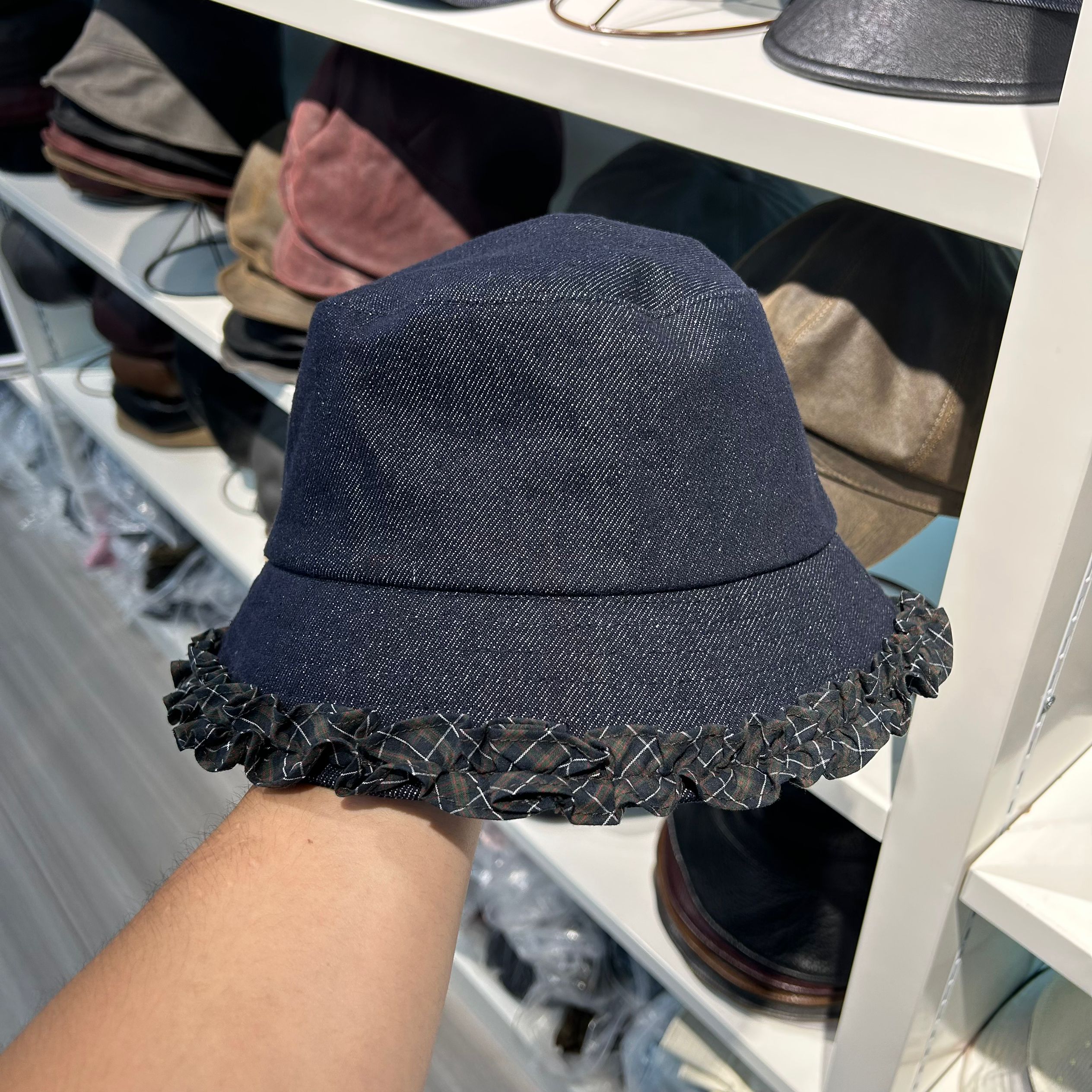 韩版拼接格子牛仔渔夫帽女