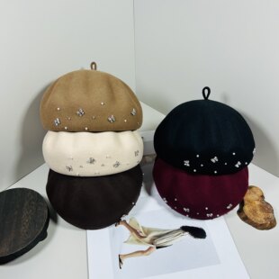 秋冬新款羊毛手工缝制水钻装饰南瓜帽女时尚百搭显脸小画家帽保暖