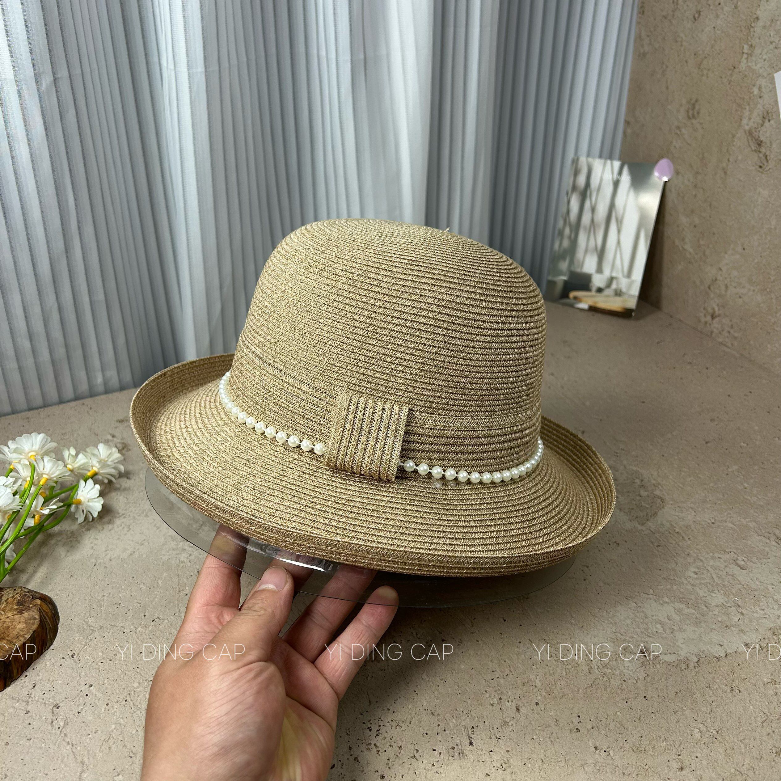 夏季仿麻折叠珍珠盆帽女显脸小