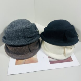 韩版冬季复古羊毛大蝴蝶结卷边盆帽女保暖贝雷帽显脸小百搭帽子潮