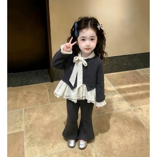 女童长袖波点T恤喇叭裤套装2026秋季新款宝宝洋气上衣长裤两件套