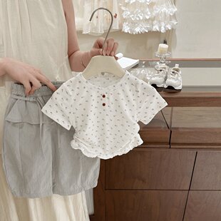 女宝套装夏季2026新款儿童韩系碎花短袖T恤屁帘阔腿裤时髦两件套