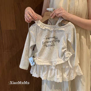 新款 女童T恤2025春装 宝宝洋气时髦春秋宝宝韩系甜美弹力抽绳上衣