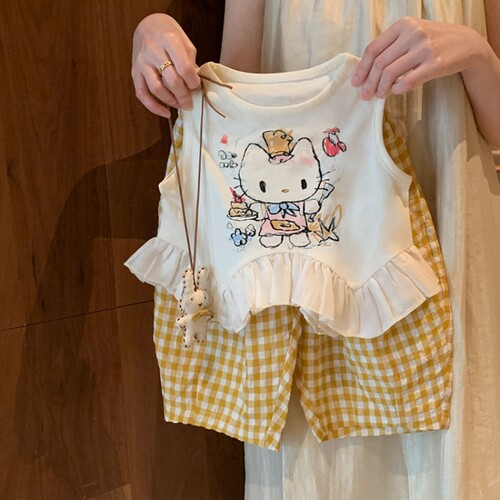 女童套装夏花边背心格子防蚊裤