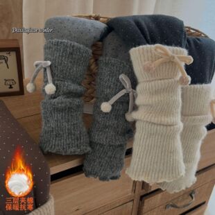 女童冬季三层夹棉保暖抗寒堆堆袜棉裤蝴蝶结装饰裤子童装波点洋气