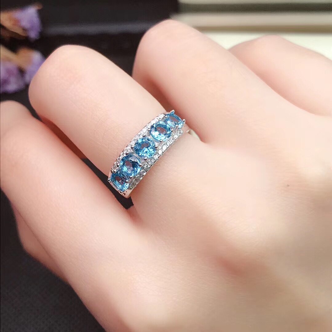 天然蓝托帕石戒指女S925银个性时尚排戒活口指环韩版生日礼物