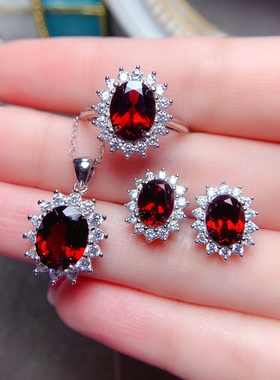 天然大克拉石榴石戒指红宝石戒指时尚奢华大气戴妃s925纯银送礼物