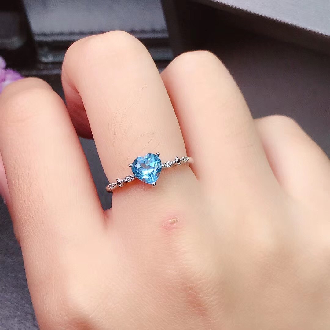 天然瑞士蓝托帕石戒子女戒指925