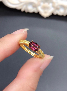 s925纯银镀18K金时尚拉丝工艺横镶戒指椭圆5*7mm天然镁铝石榴石