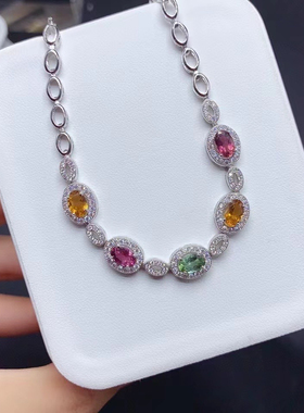 s925银天然碧玺手链彩虹色豪华版净度干净4×6mm主石位生日礼物