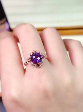 烟花纯银镀18k日韩紫水晶戒指