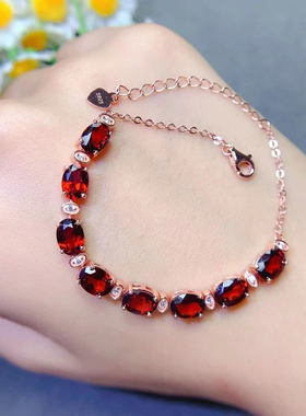 天然石榴石手链女款925银镀18K玫瑰金镶嵌红宝石时尚简约送女友