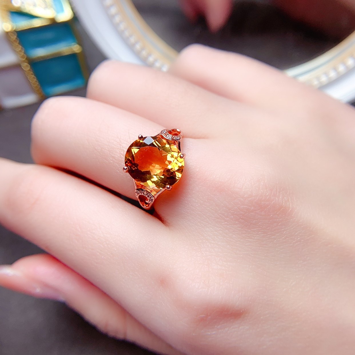 天然黄水晶戒指开口女s925银时尚大气黄色宝石招财水晶韩版女礼物