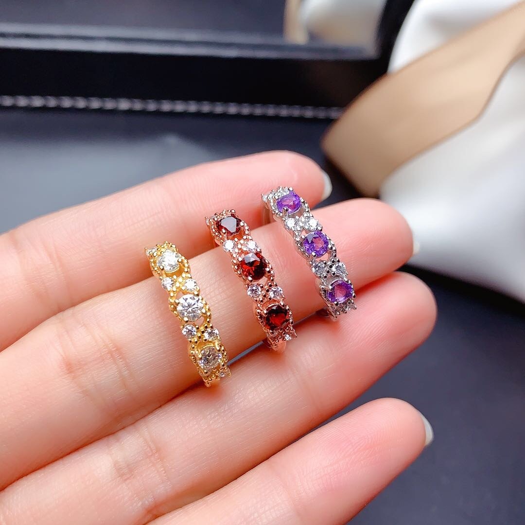 天然石榴石紫水晶莫桑钻排戒戒指女s925银时尚活口指环韩生日礼物
