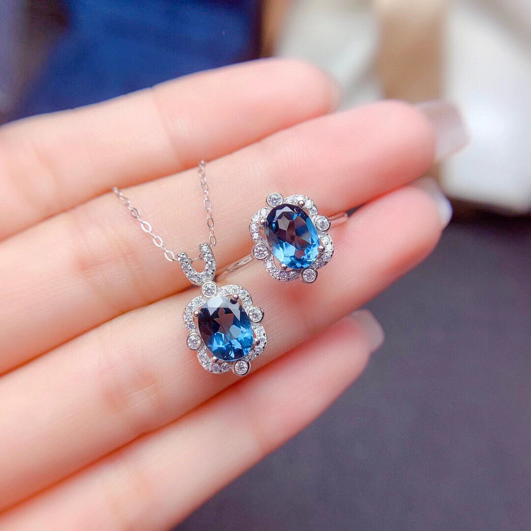 天然伦敦蓝托帕石戒指女S925银蓝宝石镶嵌时尚套装活口指环韩版