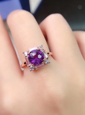 烟花紫水晶戒指纯银时尚大气圆形