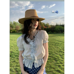 蓝莓果酱 2024SS 法式 撞色刺绣拼接俏皮甜美短袖 Tetu 衬衫 STUDIO