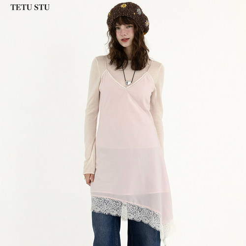 Tetu STUDIO 2026SS“内搭好物”天丝醋酸拼接蕾丝吊带裙