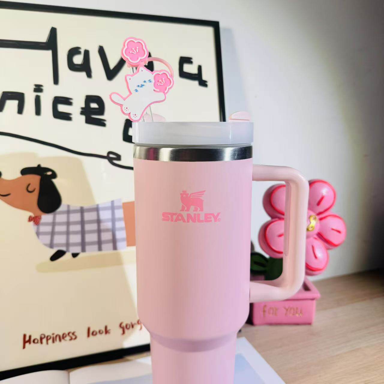 适用于Stanley水杯粉色樱花猫咪10mm硅胶耐热可循环防尘吸管塞帽