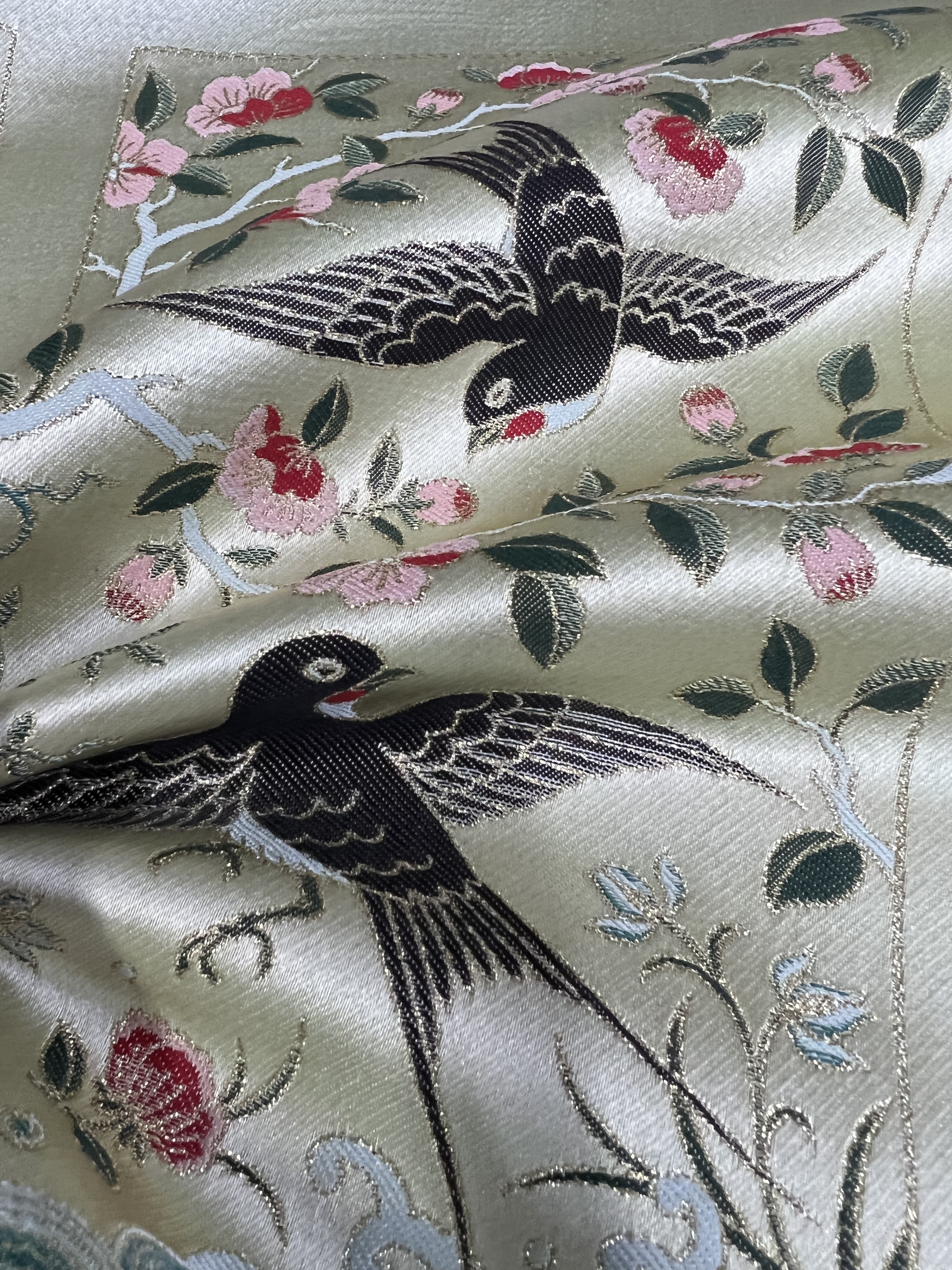 汉服提花布料 织金一对燕子方形补子中式手工DIY提花面料