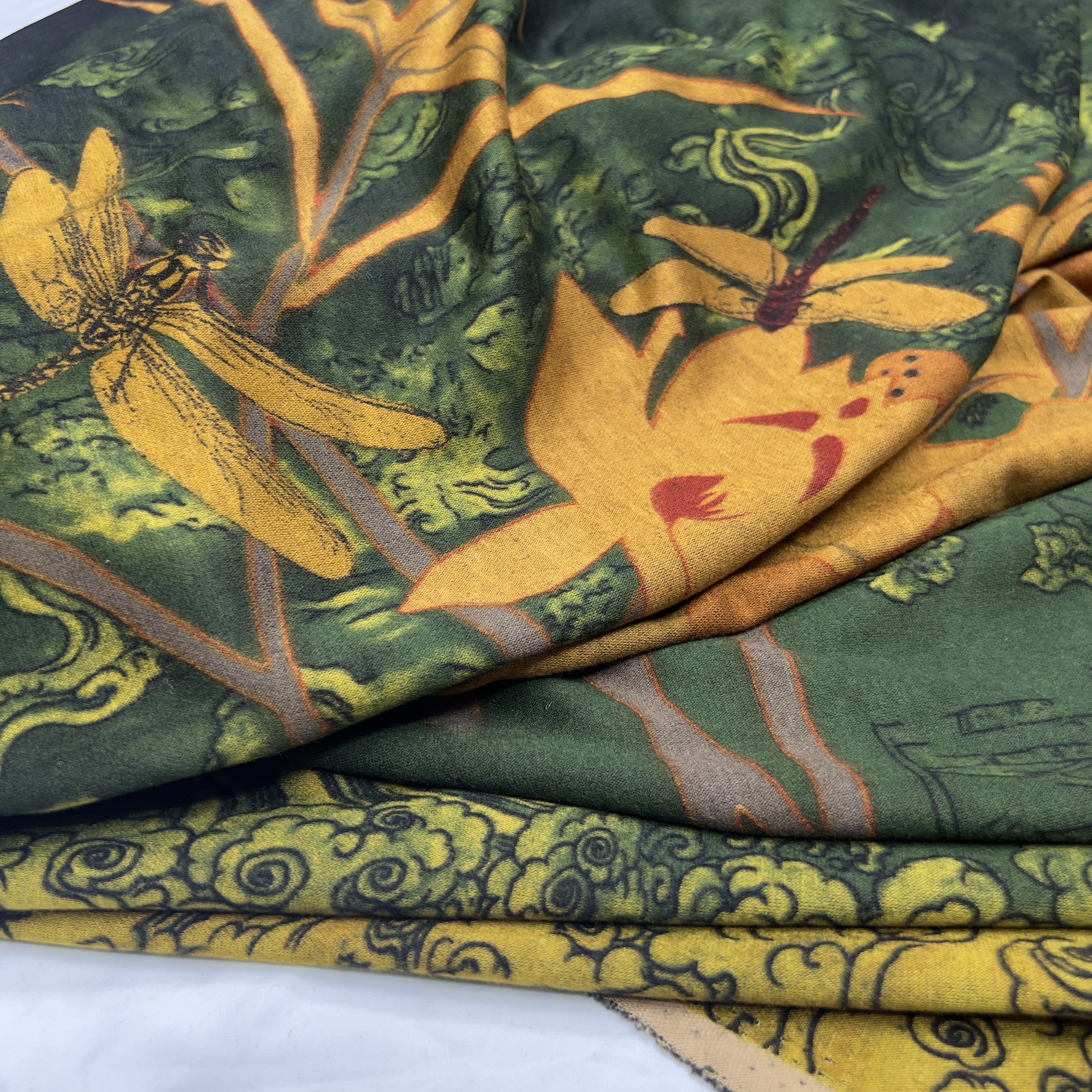 针织奥绒印花布料 定位荷花蜻蜓弹力柔软连衣裙旗袍服装手工面料