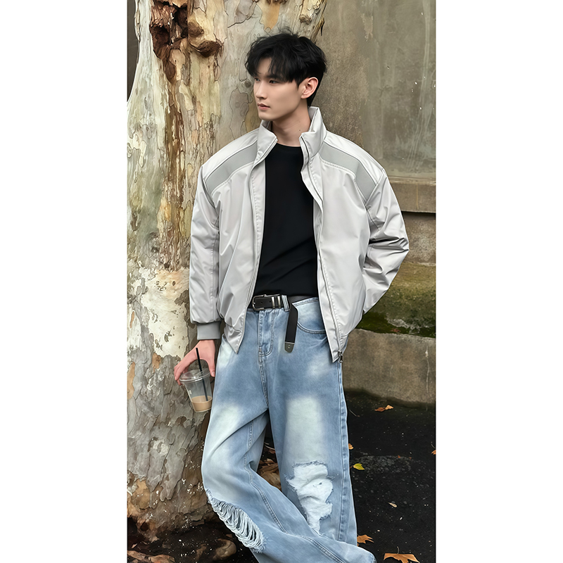 灰色美式解构夹克棉服男冬季防寒保暖立领棉衣boxy短款冲锋衣外套