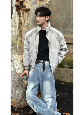 灰色美式解构夹克棉服男冬季防寒保暖立领棉衣boxy短款冲锋衣外套