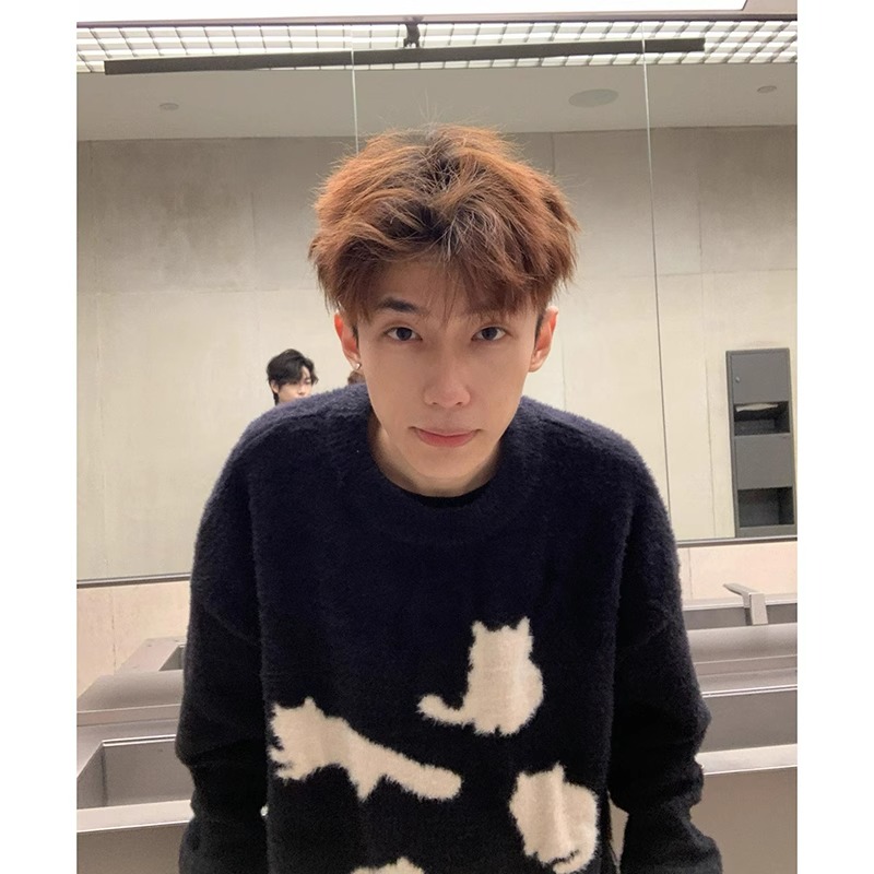 黑色美式高街猫咪毛衣男款秋冬季潮牌海马毛宽松百搭慵懒风针织衫