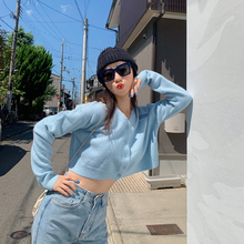 Grabone 2020年秋季新款bm风蓝色上衣短款针织开衫女雾霾蓝外套