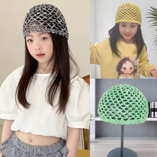 波西米亚女童夏季钩织镂空针织包头帽时髦辣妹风亲子复古渔网帽子