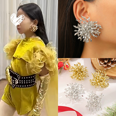 欧美夸张复古耳钉T台走秀水晶琉璃串珠烟花流苏耳环无耳洞耳夹潮