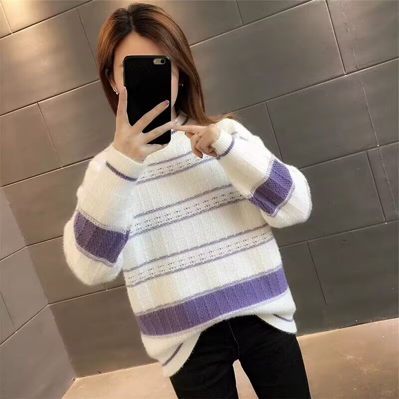 半高领时尚洋气拼色条纹提花毛衣女2024秋冬季加厚宽松针织打底衫