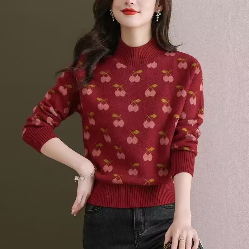安哥拉红立体樱桃提花半高领毛衣
