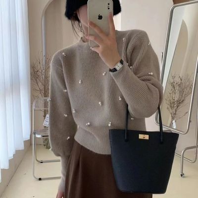 韩系别致设计感重工钉珠圆领毛衣