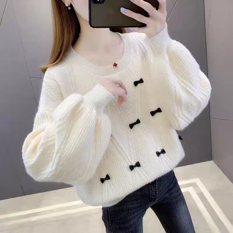 慵懒风甜美灯笼袖蝴蝶结圆领毛衣女秋冬季韩版宽松外穿针织衫上衣