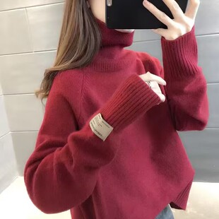 慵懒风复古前短后长开叉高领毛衣女秋冬款韩版宽松加厚针织打底衫