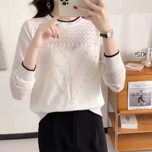 冰丝雪纺拼接纯色镂空钉珠长袖毛衣女2024年秋季薄款气质外穿上衣