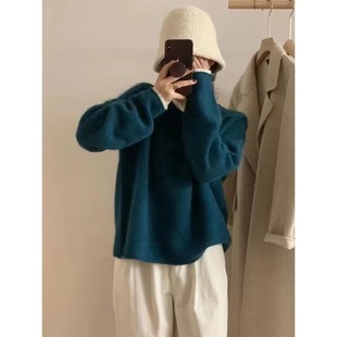 女2025秋冬韩版 慵懒风浣熊绒蕾丝花边圆领针织衫 软糯加厚毛衣上衣