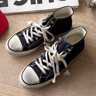 诗歌兰高帮帆布鞋女2026春季新款韩版百搭平底圆头系带休闲板鞋潮
