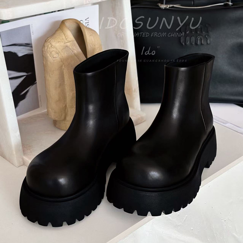 ido真皮厚底增高烟筒靴马丁靴