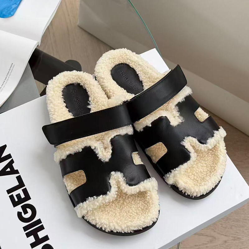 诗歌兰真皮厚底羊羔毛二舅拖鞋