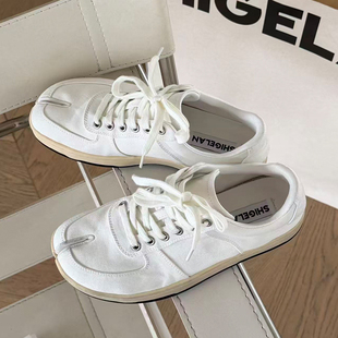 诗歌兰分趾小白鞋女2026春季新款时尚百搭真皮平底系带休闲板鞋潮