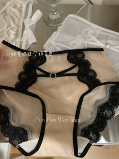 温柔浅奶茶～透视软软网纱 性感交叉细带 复古感蕾丝中高腰女内裤