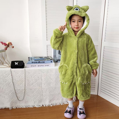 大眼仔珊瑚绒睡袍秋冬季睡衣男童加绒加厚保暖可外穿家居服浴袍