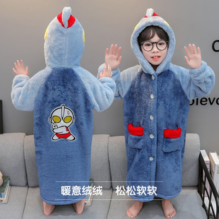 秋冬季睡衣2025新款奥特曼男童珊瑚绒睡袍保暖可外穿家居服浴袍