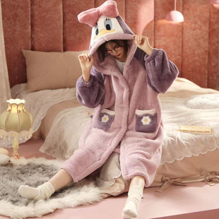 睡衣女秋冬季唐老鸭珊瑚绒加绒加厚长款睡袍浴袍2025年新款睡袍