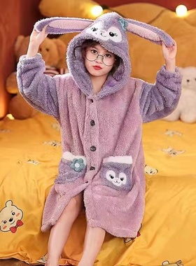儿童睡衣女童紫色星戴露加绒加厚秋冬季保暖珊瑚绒家居服睡袍套装