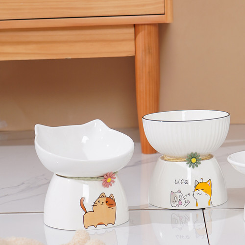 猫碗陶瓷猫咪饭碗食盆高脚大口径斜口碗保护颈椎防打翻宠物喝水碗