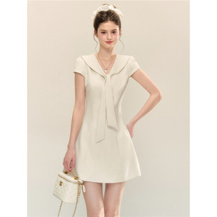 学院风polo领衬衫 字短裙甜美淑 连衣裙腰带法式 千金风海军绑带短袖