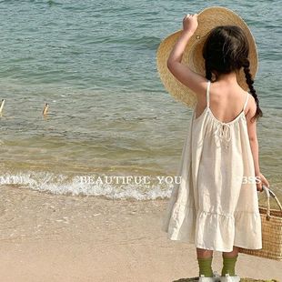 新款 海边度假连衣裙高级感女童初中生小个子吊带夏季 儿童洋气纯色